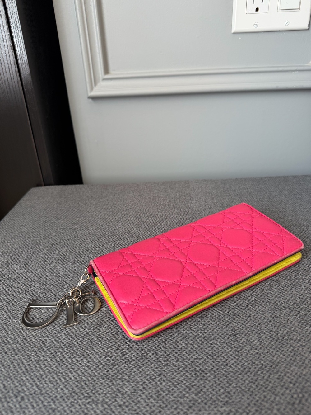 Dior Quilted Hot Pink Leather Key Holder with Yellow Trim